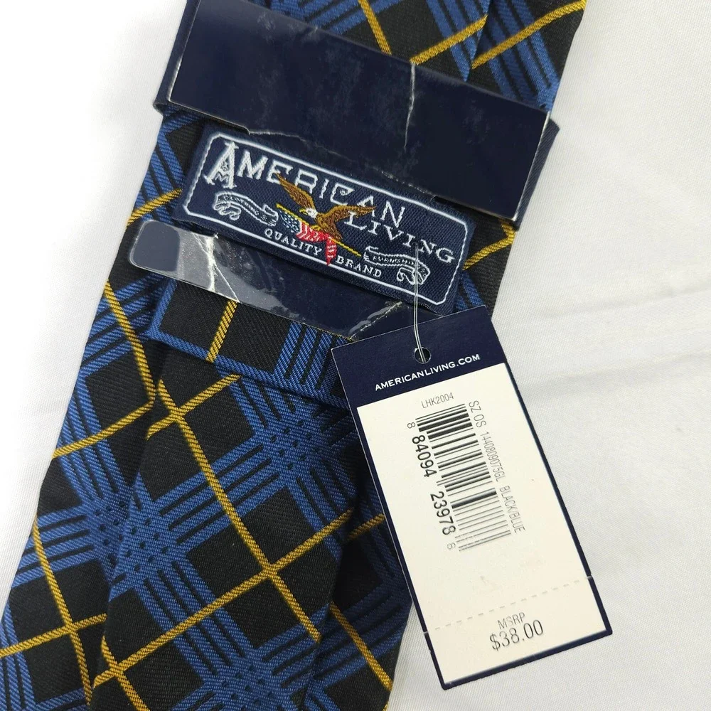 Men's American Living Blue Black Argyle 100% Silk Necktie New Tags